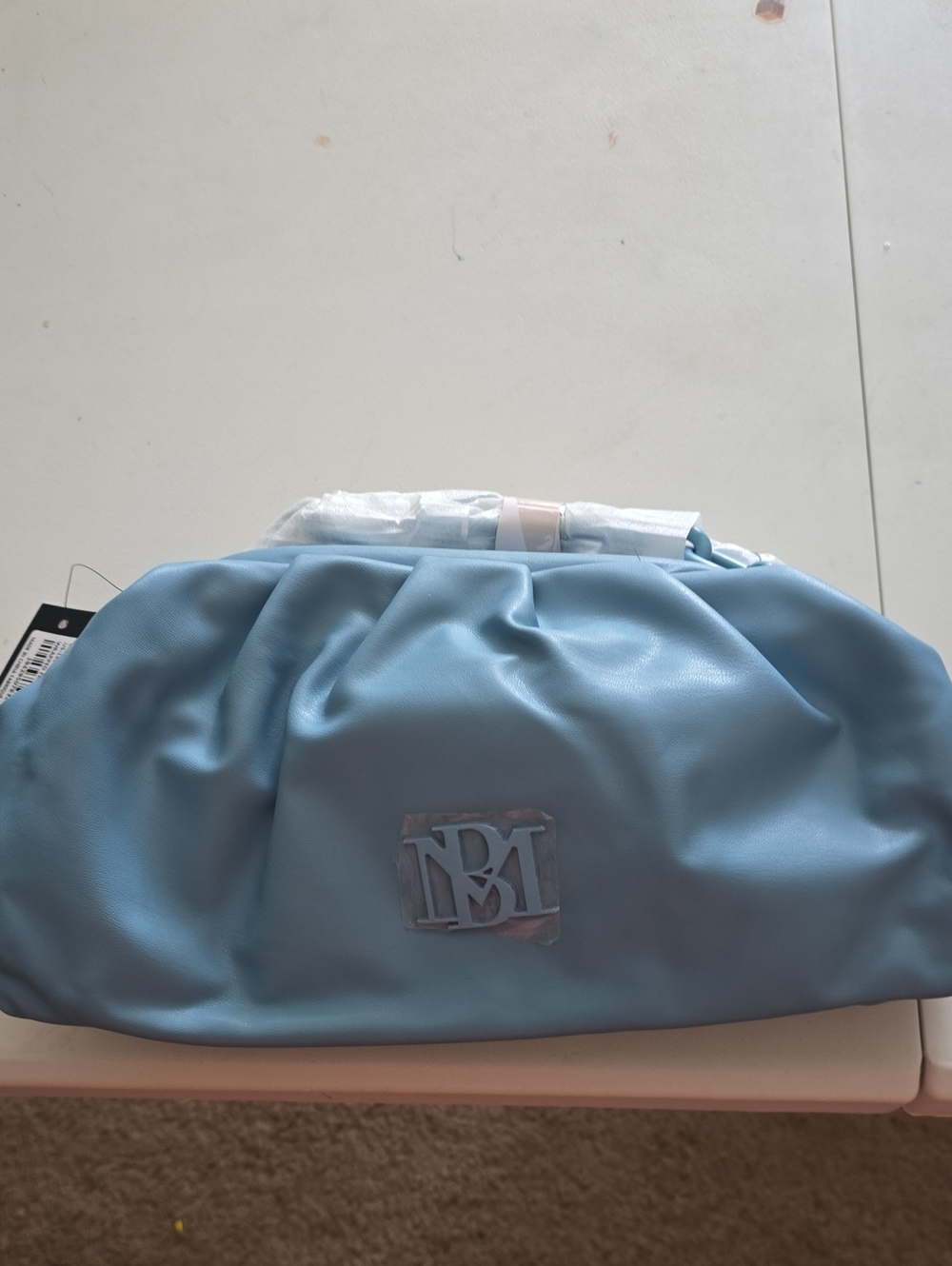 Badgley Mischka Powder Blue Gathered Clutch with Logo